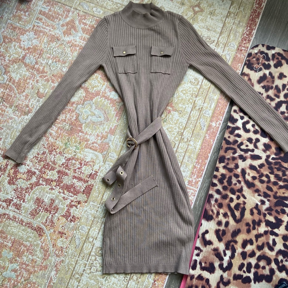 Hot Miami Styles Hera Collection Taupe Ribbed Sweater Dress with Adjustable Belt